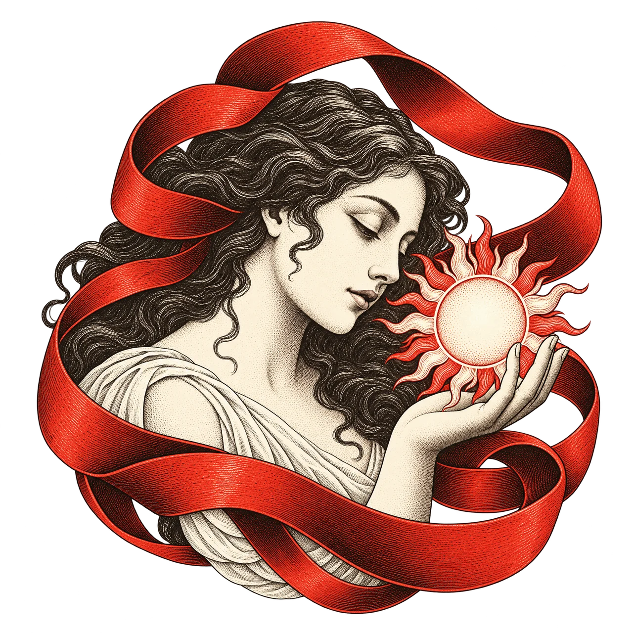 A classical figure holds a small sun, framed by flowing vermilion ribbons